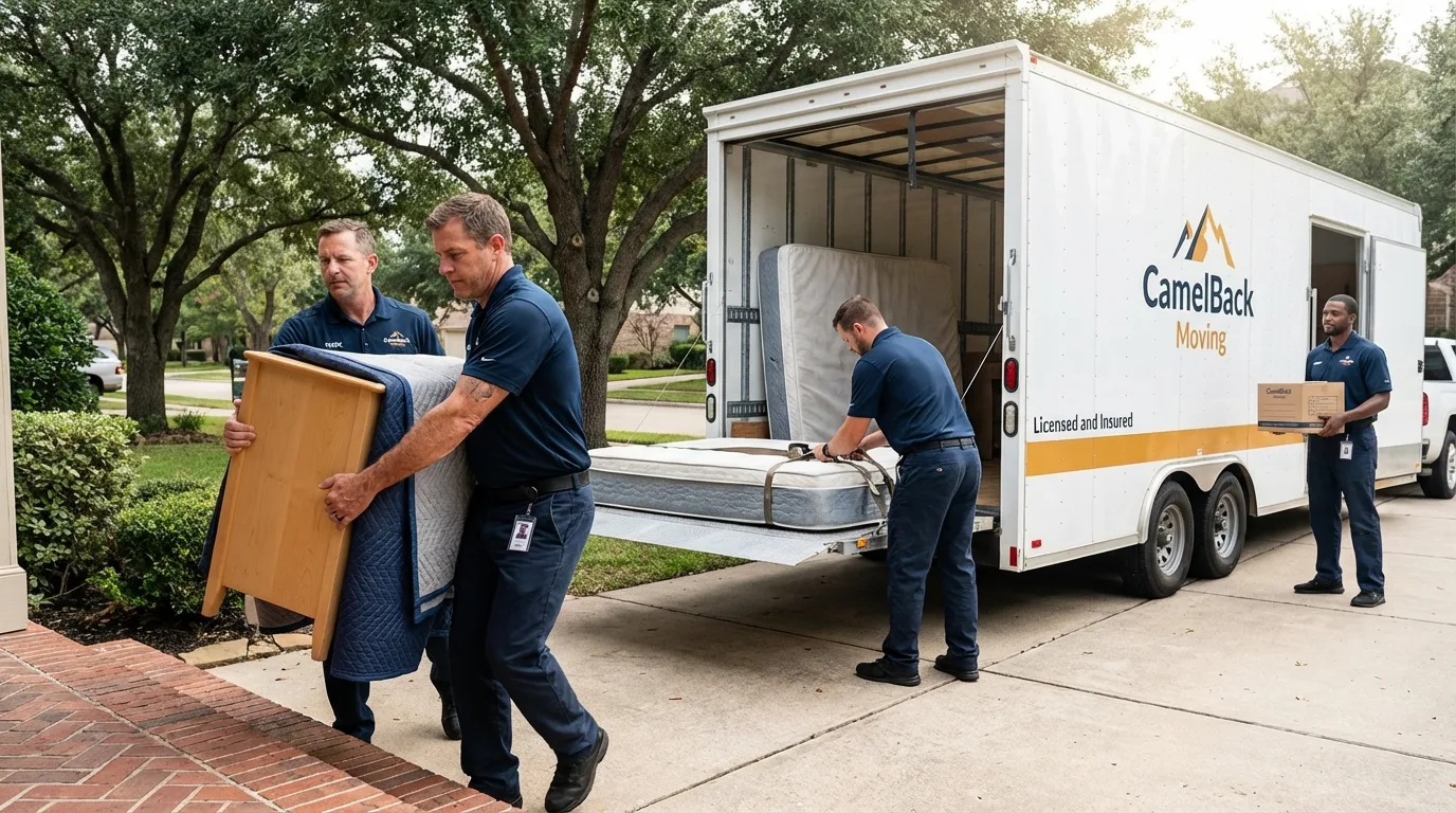 Crew loading residential truck for cross-state move from Cambridge, NE