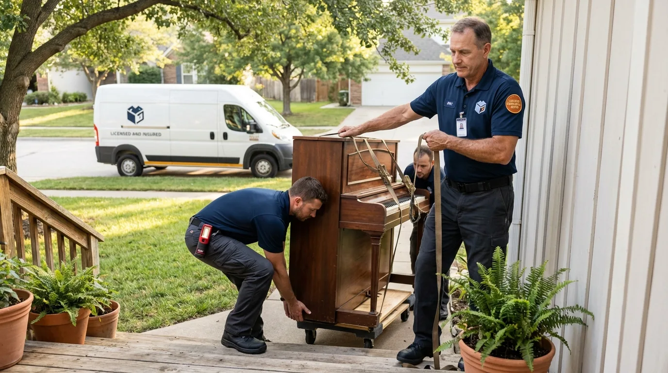 Licensed piano movers securing grand piano in Cambridge, NE