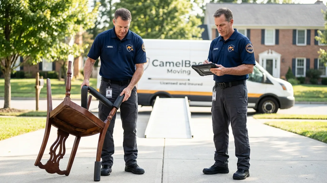 Movers inspecting furniture for damage prevention before loading in Cambridge, NE