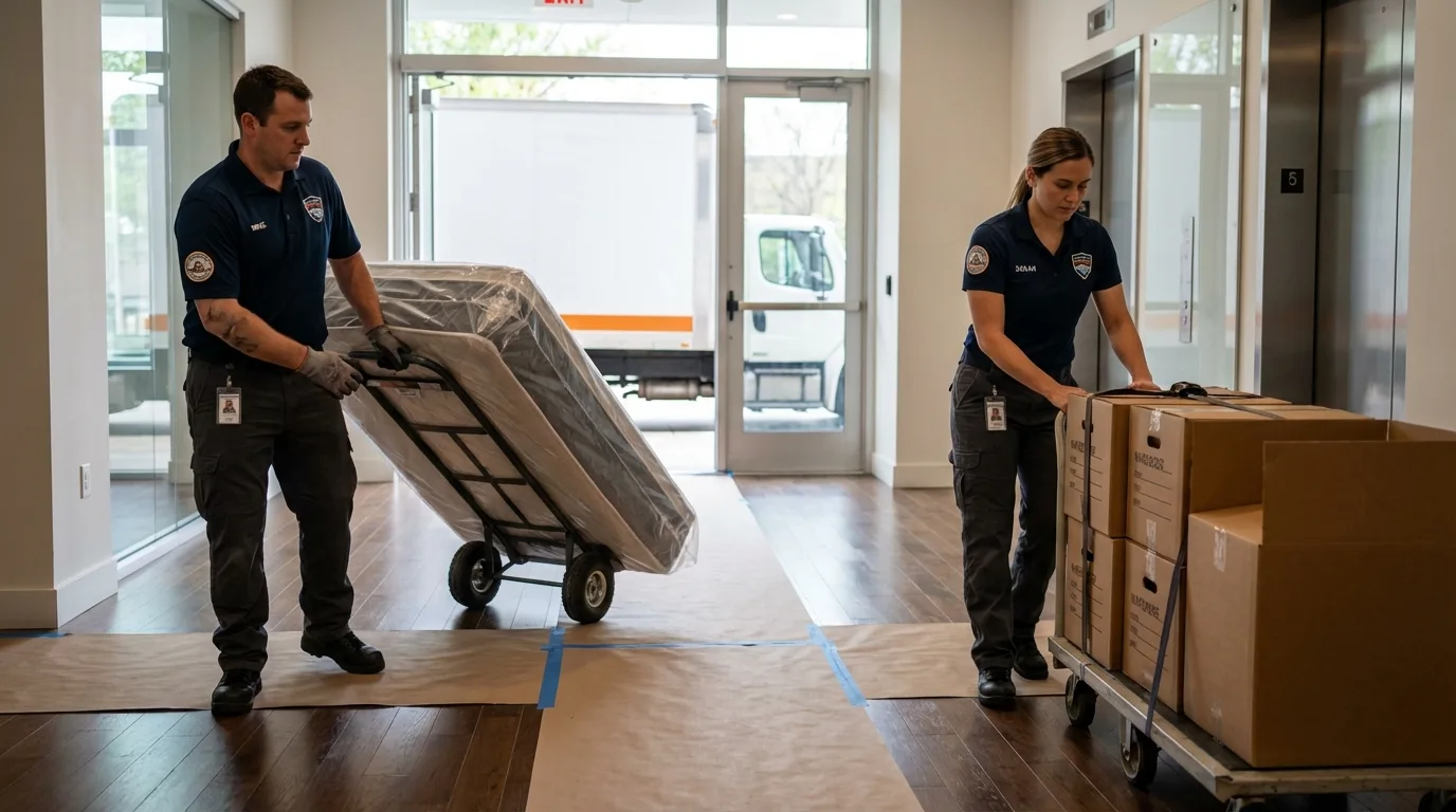 Professional apartment movers loading elevator in Cambridge, NE